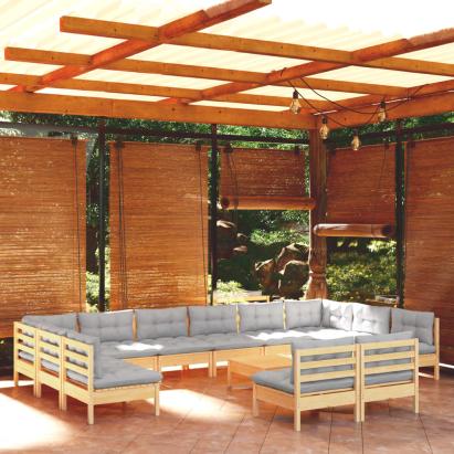 Set mobilier grădină cu perne, 13 piese, gri, lemn masiv pin GartenMobel Dekor