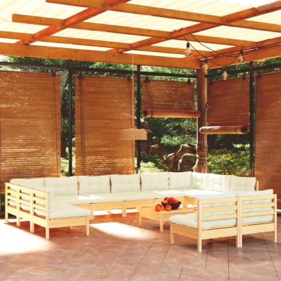 Set mobilier grădină cu perne crem, 13 piese, lemn masiv de pin GartenMobel Dekor