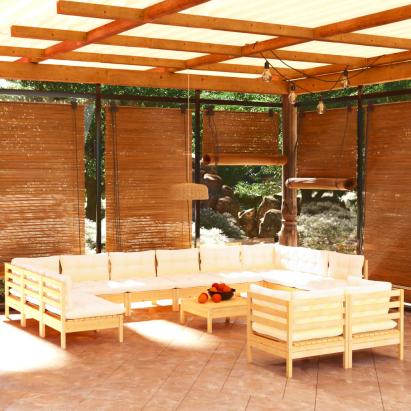 Set mobilier grădină cu perne, 13 piese, crem, lemn de pin GartenMobel Dekor