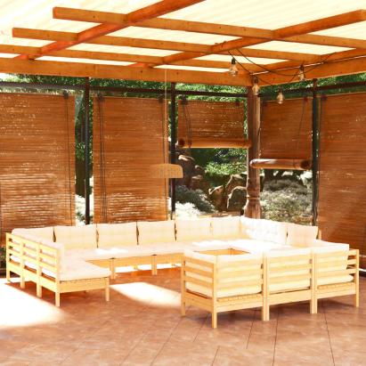 Set mobilier grădină cu perne, 13 piese, crem, lemn de pin GartenMobel Dekor