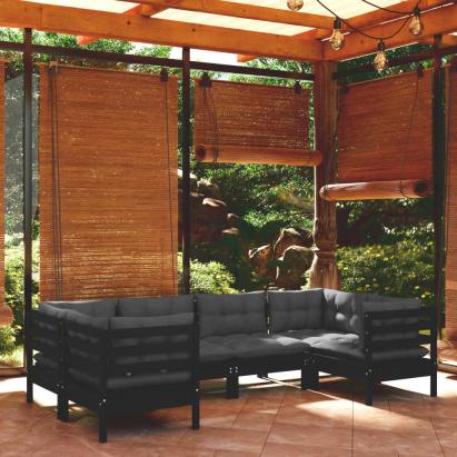 Set mobilier de grădină cu perne, 6 piese, negru, lemn de pin GartenMobel Dekor