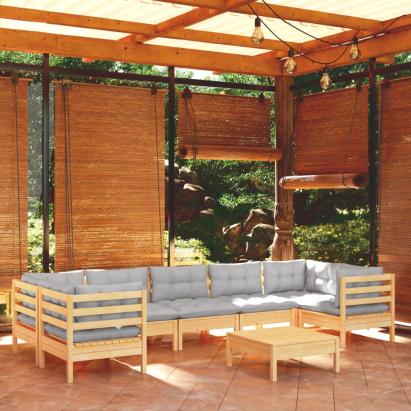 Set mobilier de grădină cu perne, 8 piese, gri, lemn de pin GartenMobel Dekor