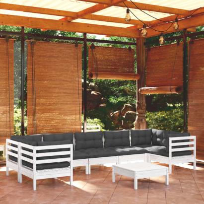 Set mobilier de grădină cu perne, 8 piese, alb, lemn masiv pin GartenMobel Dekor