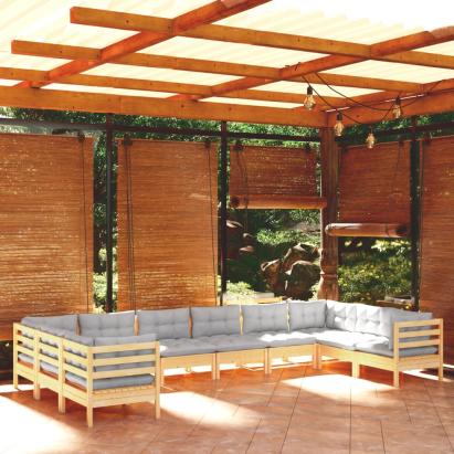 Set mobilier de grădină cu perne gri 10 piese lemn masiv de pin GartenMobel Dekor