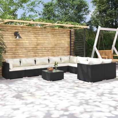 Set mobilier de grădină cu perne, 10 piese, negru, poliratan GartenMobel Dekor