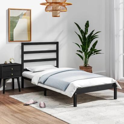 Cadru de pat mic single, negru, 75x190 cm, lemn masiv GartenMobel Dekor
