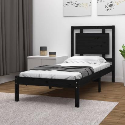 Cadru de pat mic single, negru, 75x190 cm, lemn masiv GartenMobel Dekor