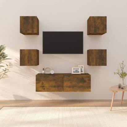 Set dulap TV montat pe perete, stejar afumat, lemn prelucrat GartenMobel Dekor