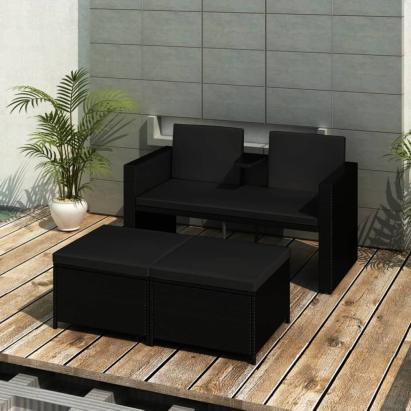 Set mobilier de grădină cu perne, 3 piese, negru, poliratan GartenMobel Dekor
