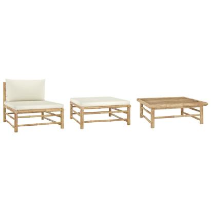 Set mobilier de grădină, cu perne alb crem, 3 piese, bambus GartenMobel Dekor