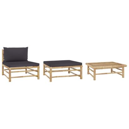 Set mobilier de grădină, perne gri închis, 3 piese, bambus GartenMobel Dekor