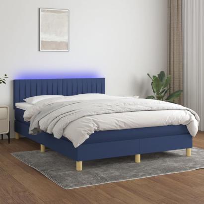 Pat cu arcuri, saltea și LED, albastru, 140x200 cm, textil GartenMobel Dekor
