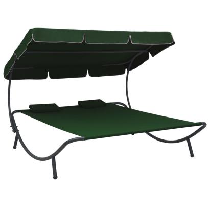 Pat șezlong de exterior cu baldachin și perne, verde GartenMobel Dekor