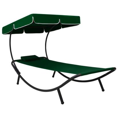 Pat șezlong de exterior cu baldachin și pernă, verde GartenMobel Dekor
