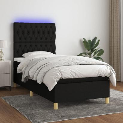Pat cu arcuri, saltea și LED, negru, 80x200 cm, textil GartenMobel Dekor