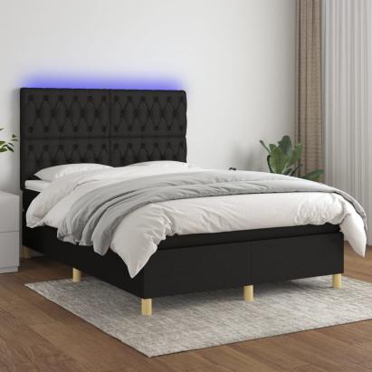 Pat cu arcuri, saltea și LED, negru, 140x190 cm, textil GartenMobel Dekor