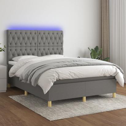 Pat cu arcuri, saltea și LED, gri închis, 140x200 cm, textil GartenMobel Dekor