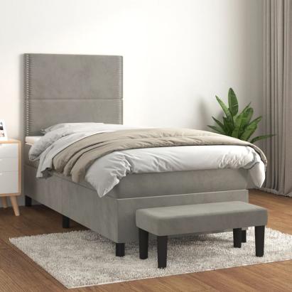 Pat box spring cu saltea, gri deschis, 90x200 cm, catifea GartenMobel Dekor
