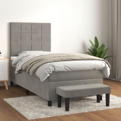 Pat box spring cu saltea, gri deschis, 100x200 cm, catifea GartenMobel Dekor