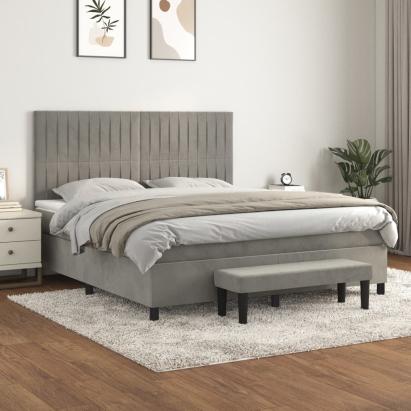 Pat box spring cu saltea, gri deschis, 160x200 cm, catifea GartenMobel Dekor