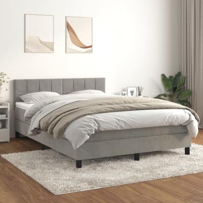 Pat box spring cu saltea, gri deschis, 140x190 cm, catifea GartenMobel Dekor