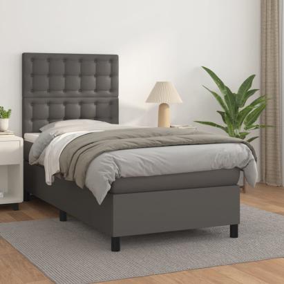 Pat box spring cu saltea, gri, 90x200 cm, piele ecologică GartenMobel Dekor