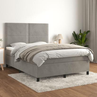 Pat box spring cu saltea, gri deschis, 140x200 cm, catifea GartenMobel Dekor
