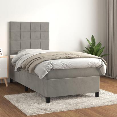 Pat box spring cu saltea, gri deschis, 90x190 cm, catifea GartenMobel Dekor
