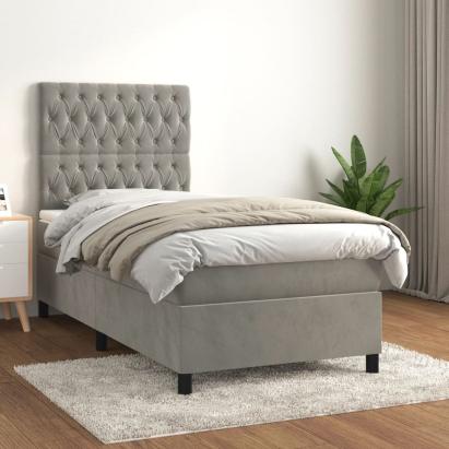 Pat box spring cu saltea, gri deschis, 100x200 cm, catifea GartenMobel Dekor