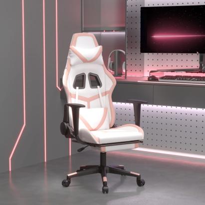 Scaun de gaming cu suport picioare, alb/roz, piele ecologică GartenMobel Dekor