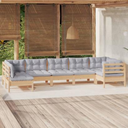 Set mobilier grădină cu perne gri, 7 piese, lemn masiv de pin GartenMobel Dekor