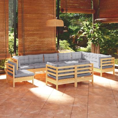 Set mobilier grădină cu perne, 10 piese, gri, lemn masiv pin GartenMobel Dekor