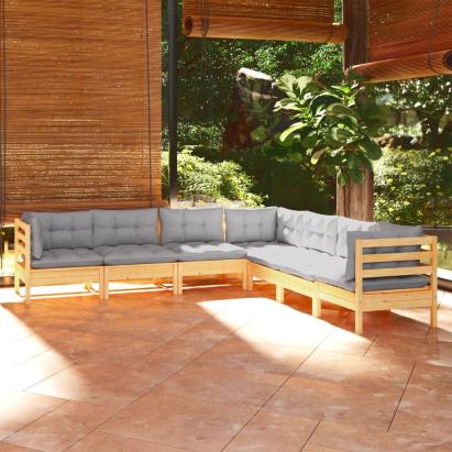 Set mobilier grădină cu perne gri, 7 piese, lemn masiv de pin GartenMobel Dekor