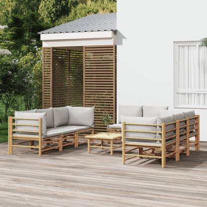 Set mobilier de grădină cu perne gri deschis, 9 piese, bambus GartenMobel Dekor