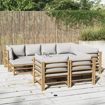 Set mobilier de grădină cu perne gri deschis, 10 piese, bambus GartenMobel Dekor