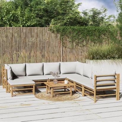 Set mobilier de grădină cu perne gri deschis, 9 piese, bambus GartenMobel Dekor