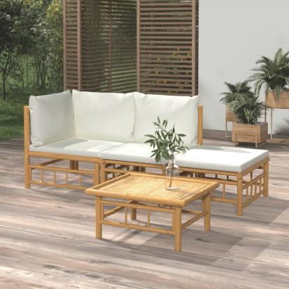Set mobilier de grădină, cu perne alb crem, 4 piese, bambus GartenMobel Dekor