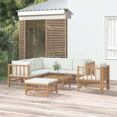 Set mobilier de grădină, cu perne alb crem, 8 piese, bambus GartenMobel Dekor