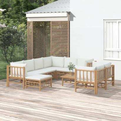 Set mobilier de grădină, cu perne alb crem, 10 piese, bambus GartenMobel Dekor