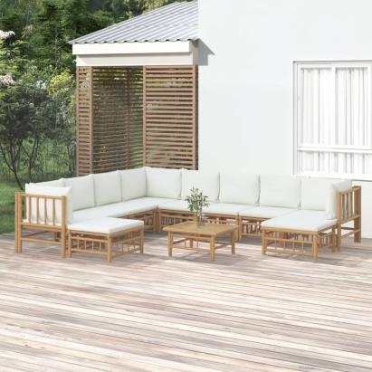 Set mobilier de grădină, cu perne alb crem, 11 piese, bambus GartenMobel Dekor