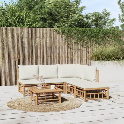Set mobilier de grădină cu perne alb crem, 6 piese, bambus GartenMobel Dekor