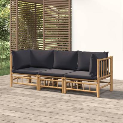Set mobilier de grădină, perne gri închis, 3 piese, bambus GartenMobel Dekor