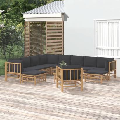 Set mobilier de grădină cu perne gri închis, 12 piese, bambus GartenMobel Dekor