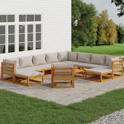 Set mobilier grădină cu perne gri deschis, 12 piese, lemn tec GartenMobel Dekor