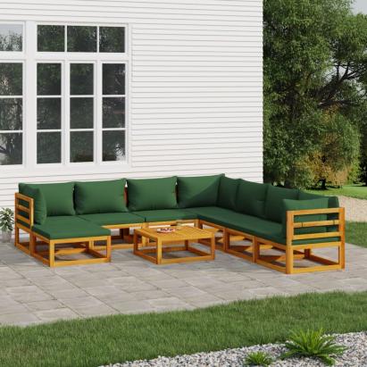 Set mobilier de grădină cu perne verzi, 9 piese, lemn masiv GartenMobel Dekor
