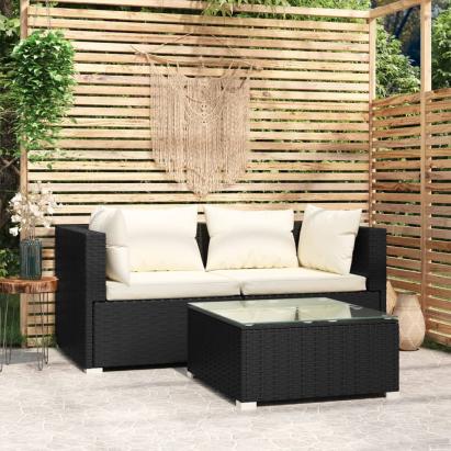 Set mobilier de grădină cu perne, 3 piese, negru, poliratan GartenMobel Dekor