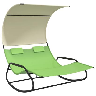 Șezlong balansoar plajă dublu/baldachin,verde/crem, textilenă GartenMobel Dekor