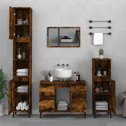 Set mobilier de baie, 3 piese, stejar fumuriu, lemn prelucrat GartenMobel Dekor