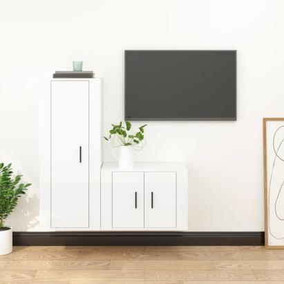 Set dulap TV, 2 piese, alb extralucios, lemn prelucrat GartenMobel Dekor