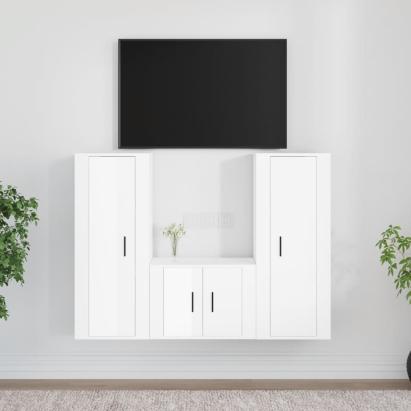 Set comodă TV, 3 piese, alb extralucios, lemn prelucrat GartenMobel Dekor